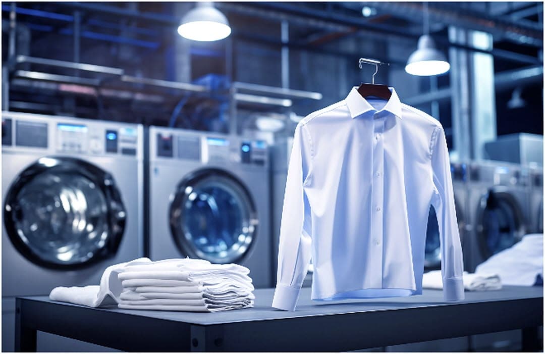 White shirt on a hanger beside folded linens with industrial washing machines behind