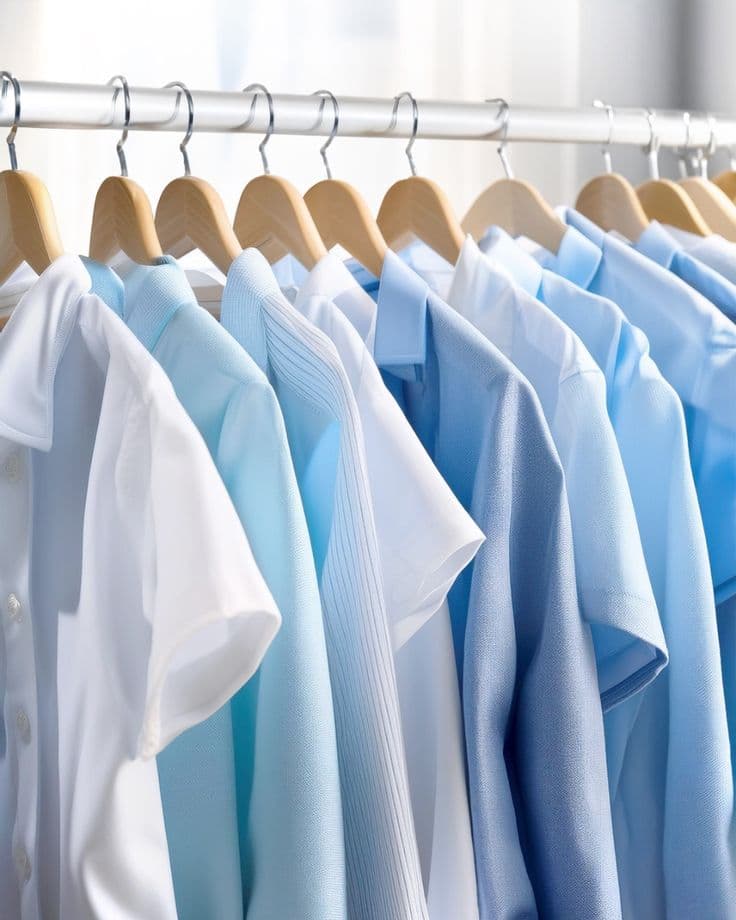 Row of freshly dry-cleaned white and blue shirts on wooden hangers