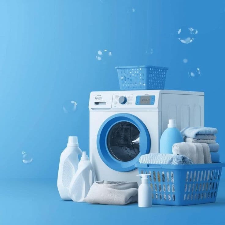 Stylised blue washing-machine composition with bubbles and folded towels